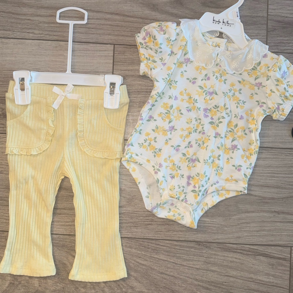 NICOLE MILLER Yellow Ribbed Pants and Floral Onesie Set